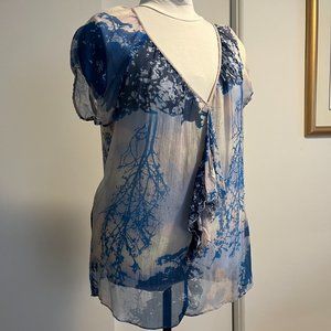 Anna Sui for Anthropologie Blue Sky Sheer Silk Top, sz L